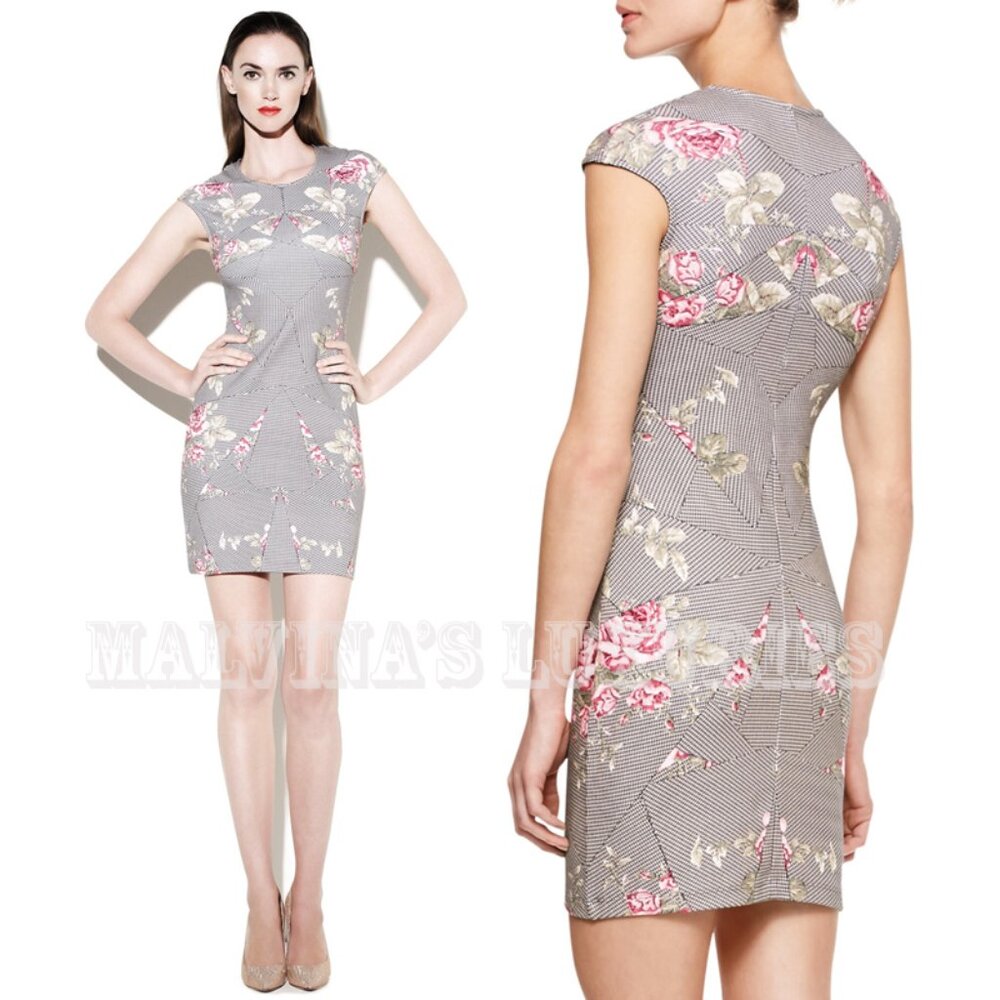 McQ by ALEXANDER MCQUEEN DRESS KALEIDOSCOPE ROSE & HOUNDS TOOTH CAP SLEEVES